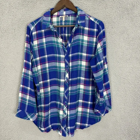 Hester & orchard top womens large blue plaid flannel button up outdoors casual l - Picture 1 of 7